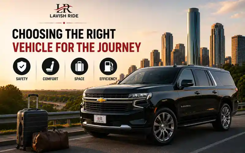 Luxury vehicles including a sedan, SUV, and Sprinter van, illustrating how to choose the right vehicle for comfortable long-distance travel, family trips, business transportation, and group travel.